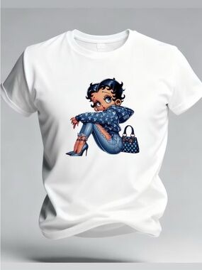 White Kids Graphic Tee with Blue Denim Character Print